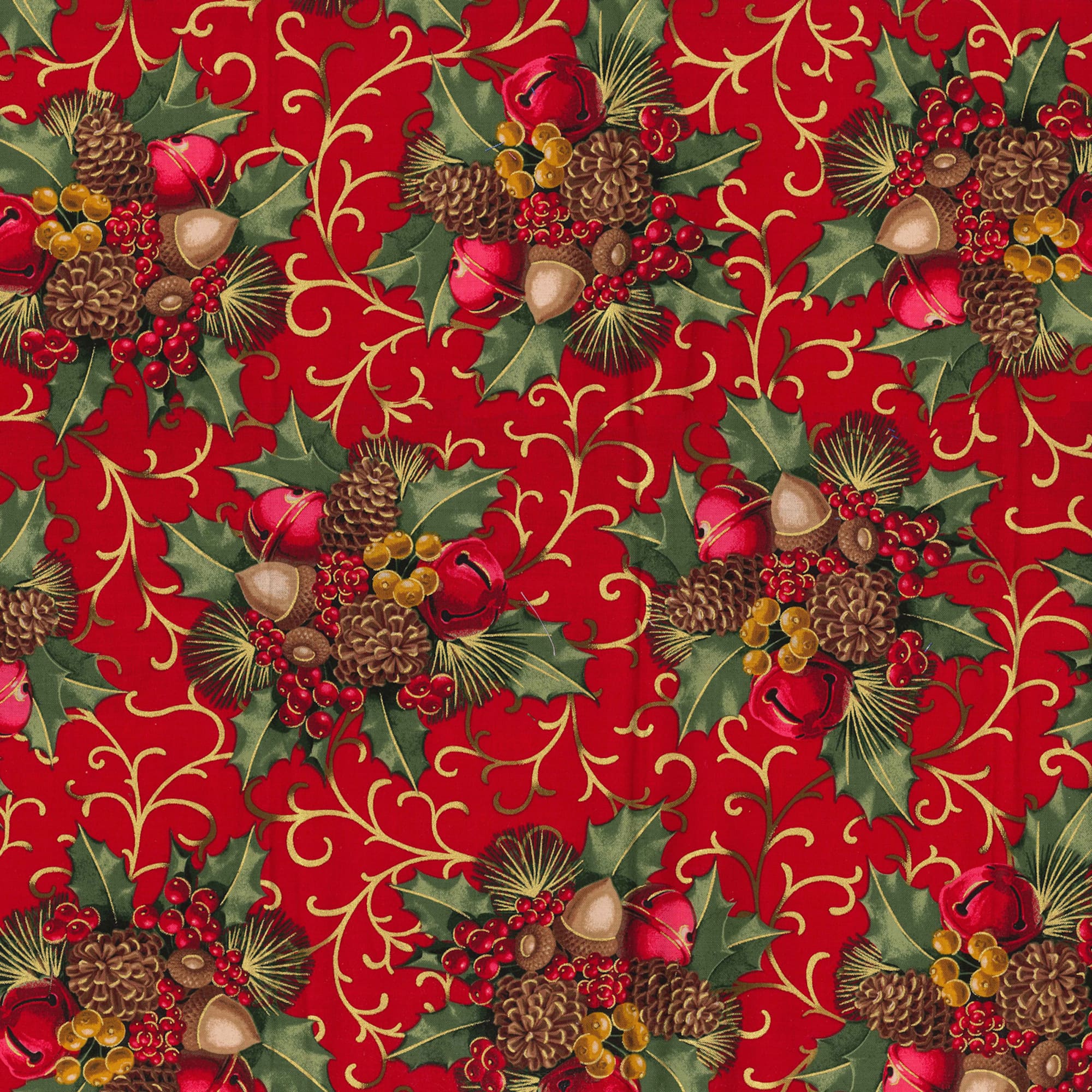 Fabric Traditions Christmas Red Glitter Berries & Bells Cotton Fabric